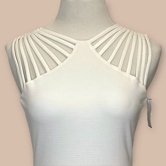 Dress The Population NWT Ivory Gwen Bodycon Midi Dress Strap Detail Stretchy M - Picture 4 of 14